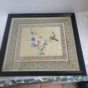 Silk Asian Wall art BIRD landscape florals outdoor wallhanging Vintage Framed